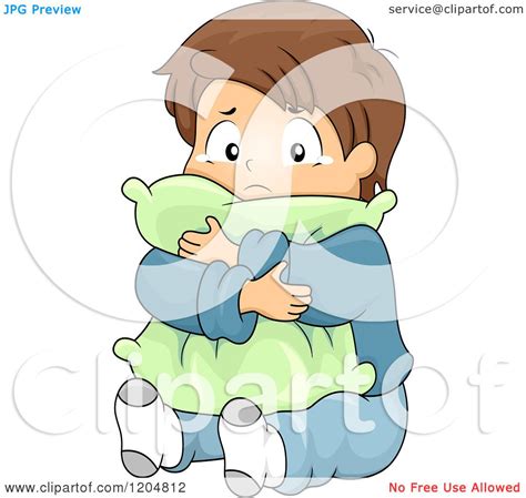 Cartoon Of A Sad Brunette White Boy Crying And Hugging A Pillow