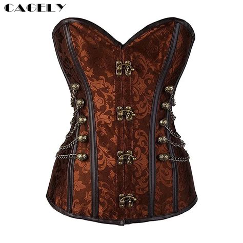 Brown Dobby Steampunk Corset Costume Steel Boned Corselet Outerwear With Chains Buttons Retro