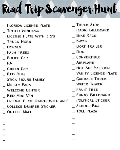 A scavenger hunt is a game usually held in a large area, indoors or outdoors. Free Road Trip Printables