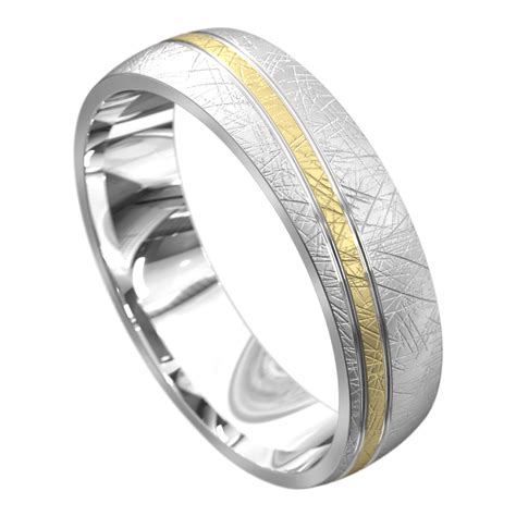 Matte White Gold Mens Wedding Ring With Yellow Gold Grooves