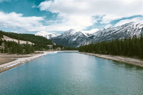 Scenic River Landscape And Mountains In Jasper National Park Alberta