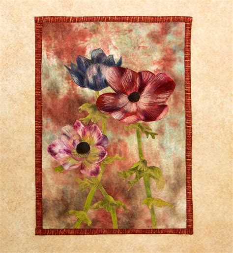 Hand Painted Fabric Art Quilt Wallhanging Anemones