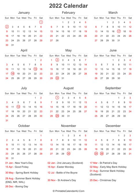 2022 Calendar With Uk Bank Holidays Highlighted Portrait Layout