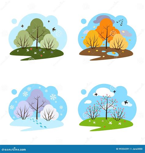 Four Seasons Four Illustrations On A White Background Stock Vector