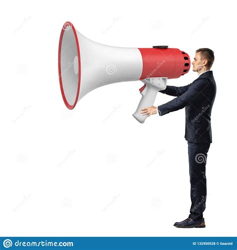Businessman With A Big Megaphone Isolated On White Background Stock