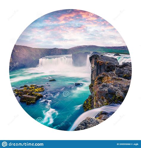 Round Icon Of Nature With Landscape Summer Morning Scene On The