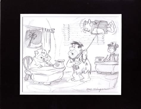 The Flintstones Fred Barney Pencil Scene Drawing Signed By Bob Singer