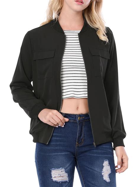 Unique Bargains Womens Zip Up Pocket Lightweight Casual Classic Bomber