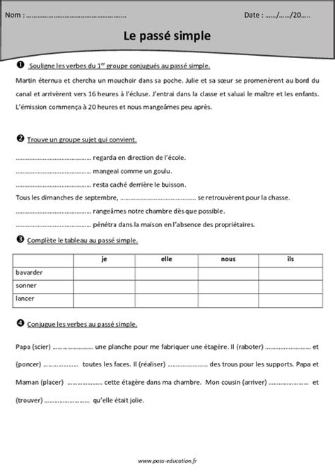 Leçons, traçes écrites, exercices et évaluations avec corrections de la maternelle au lycée. Passé simple - 1er groupe - Cm1 - Exercices - Pass Education