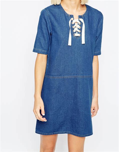 Lyst Asos Denim Tunic Dress With Lace Up Front In Blue