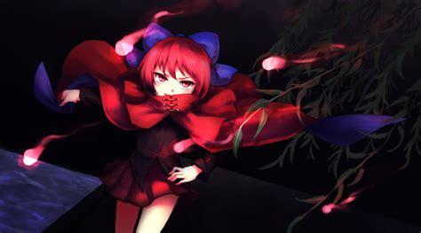 Safebooru 1girl Blush Bow Branch Cape Hair Bow Highres Hitodama Long Sleeves Open Mouth Red