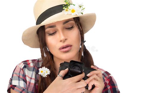 Beautiful Young Woman Using A Vintage Camera Stock Image Image Of