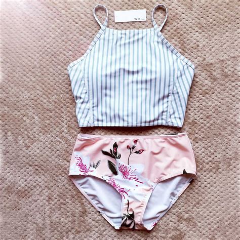 High Top Swimsuit Lace Up High Neck Two Piece Swimsuit Bikini Set W