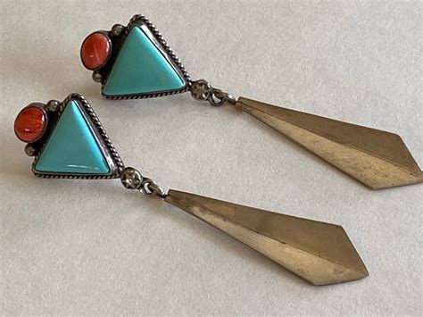 Fabulous Native American Sterling Silver Turquoise Coral Pierced
