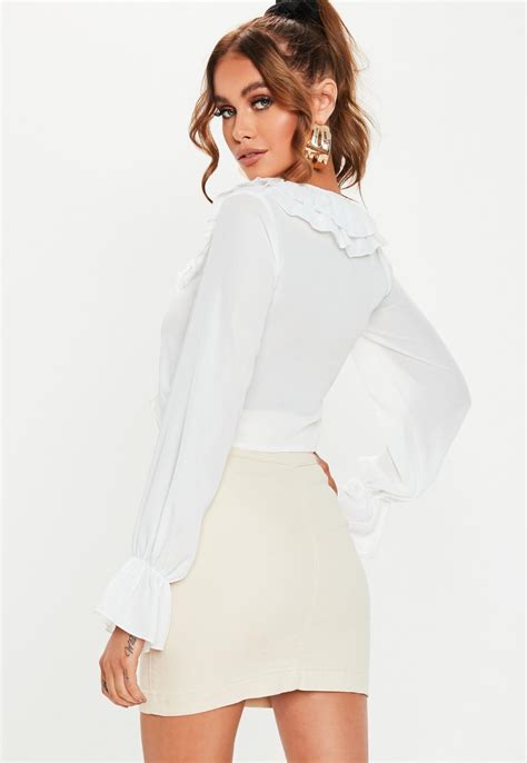 White Ruffle Front Crop Blouse Missguided