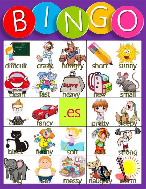 Cartón De Bingo Adjetivos En Inglés