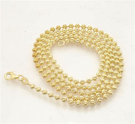 3mm Moon Cut Ball Bead Chain Necklace Solid 14K Yellow Gold Clad 925