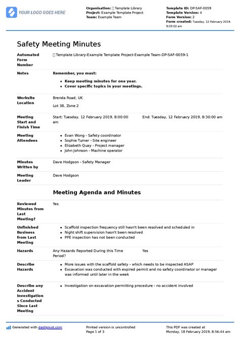 Minutes Of Health And Safety Meeting Template Free And Editable