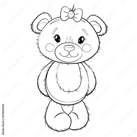 Cute Cartoon Teddy Bear Girl With A Bow Vector Outline Illustration