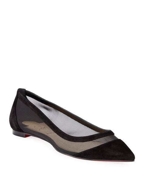 Christian Louboutin Galativi Suede And Mesh Point Toe Flats In Black