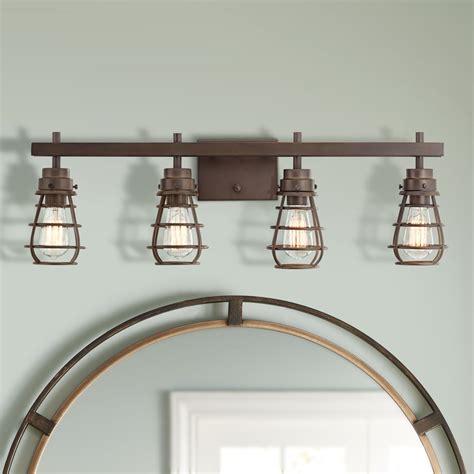 The light fixture along the top should be centered right above the mirror and mounted 78 inches from the ground. Franklin Iron Works Industrial Rustic Wall Light LED Oiled ...