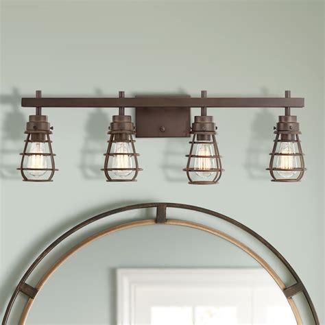 It's crafted from steel, and it features a rectangular backplate in an aged zinc finish with distressed black accents and exposed hardware. Franklin Iron Works Industrial Rustic Wall Light LED Oiled ...