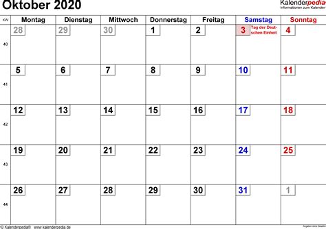 Kalender Oktober 2020 als PDF-Vorlagen