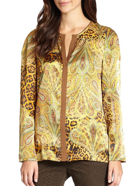 Lafayette 148 New York Opal Silk Satin Leopard And Paisley Print Blouse In Multicolor Anise Multi