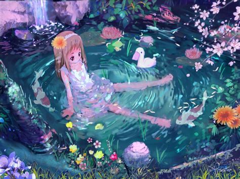 Wallpapers Nature Anime Girl Peaceful Bath Cute Forest Little Lotus