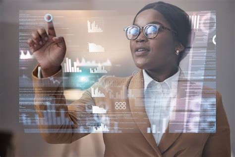 Futuristic Hologram And Black Woman With Charts Typing Or Data