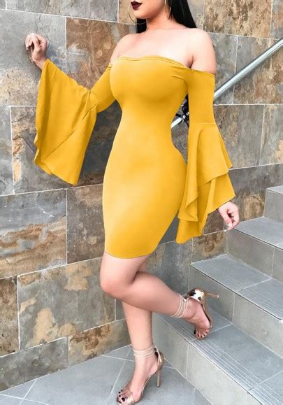 Yellow Ruffle Boat Neck Off Shoulder Backless Bell Sleeve Bodycon Elegant Homecoming Party Mini