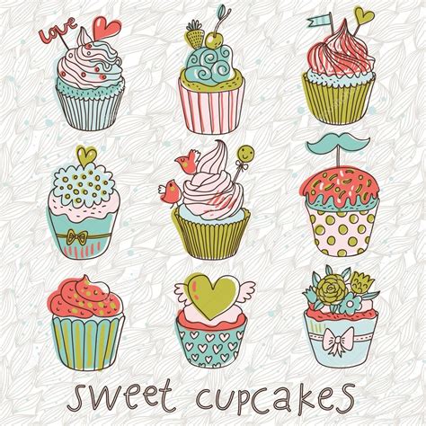 Sweet Cupcakes Vector Set Cartoon Tasty Cupcakes In Pastel Colors Stock Vector Smilewithjul