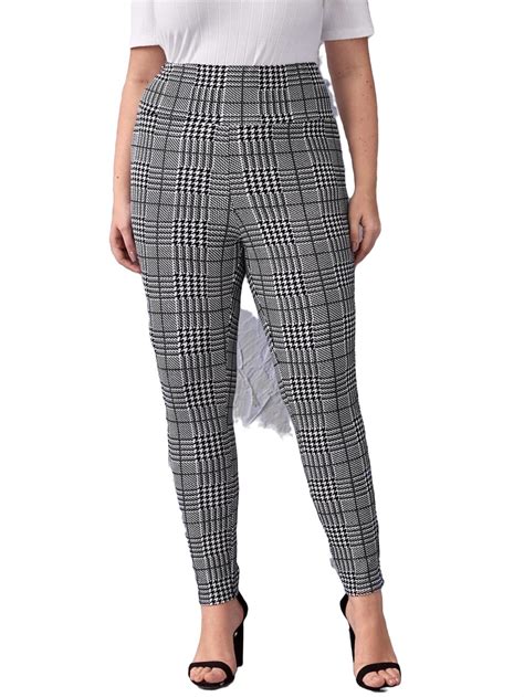 Womens Black And White Casual Houndstooth Regular Plus Size Leggings
