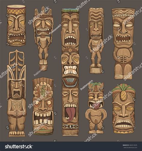 Collection Of Wooden Tiki Idols Beautiful Color Illustration Tiki Statues Tiki Art Tiki Faces