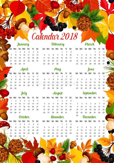 Autumn Calendar Template With Fall Leaf Frame Stock Vector