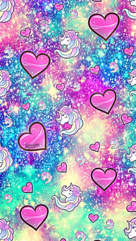 Download Hearts Glitter And Unicorns Wallpaper