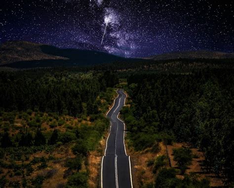 Black Asphalt Road Nature Landscape Starry Night Road Hd Wallpaper