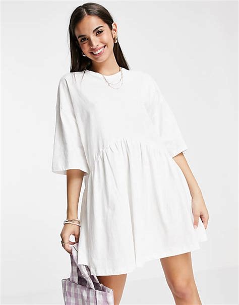 Asos Design Oversized Mini Smock Dress With Dropped Waist In White Asos