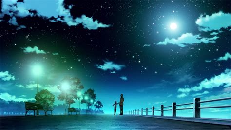 Wallpaper Anime Sky Trees Moon Stars Clouds Pier
