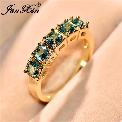 junxin single row clear blue zircon wedding rings for women yellow gold filled round crystal