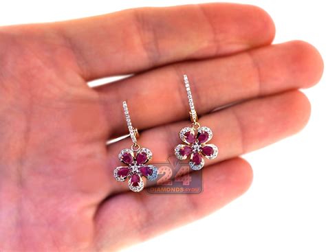 Womens Diamond Ruby Flower Drop Earrings 14K Yellow Gold 2 21 Ct