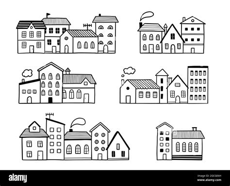 Doodle City Street With House Hand Drawn Sketch Style House Building