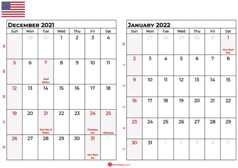 December And January 2022 Calendar Usa In 2021 2021 Calendar