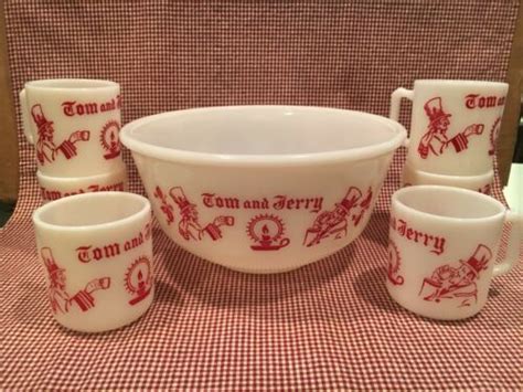 Vintage Hazel Atlas Tom Jerry Milk Glass Punch Bowl Eggnog Mugs