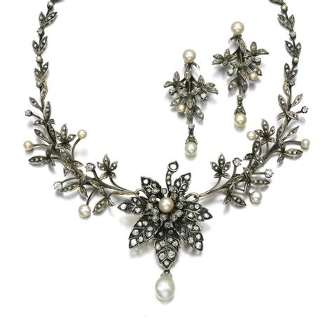 Natural Pearl And Diamond Tiara Necklace And Pair Of Earrings Late