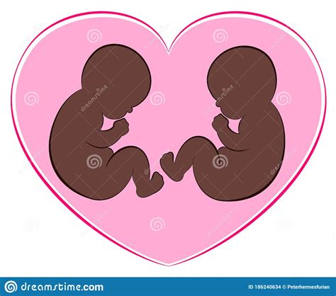 Black Twins Babies Pink Heart Birth Pregnancy Stock Vector