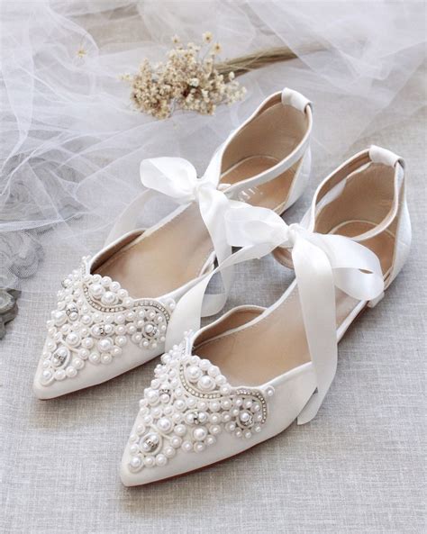 White Satin Pointy Toe Flats With Oversized Pearls Applique Etsy