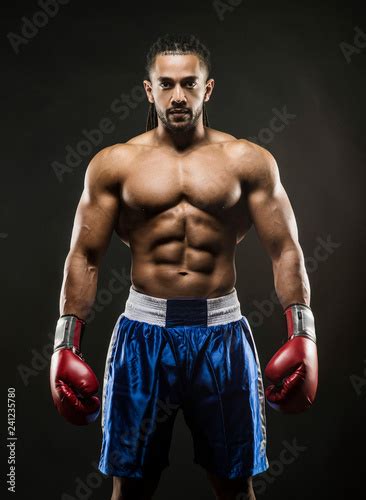 Muscular African American Black Male Sweaty Boxer Stands Menecenly