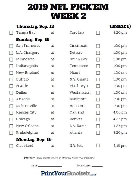 Nfl Pick Em Week 2 Printable