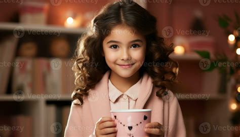 Ai Generated Smiling Cute Girl Enjoys Hot Drink In Cozy Home Generated By Ai 36805705 Stock